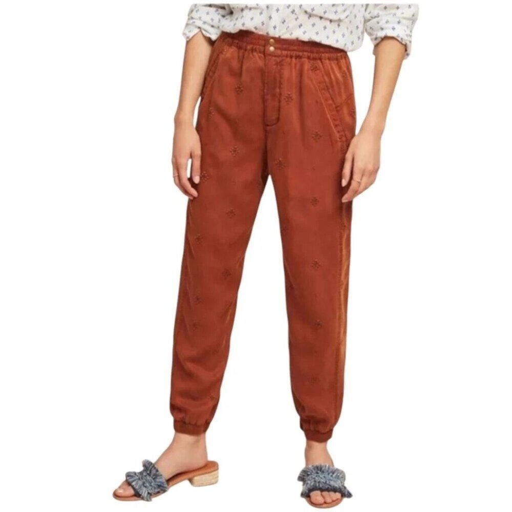 Anthropologie Rowan Boho Embroidered Lyocell Joggers Orange Rust Size S